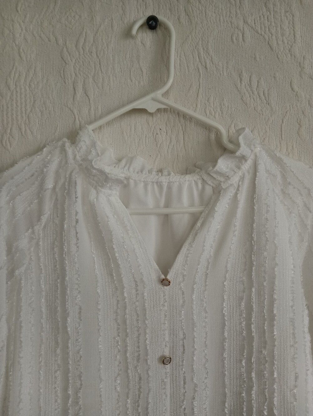 White Ruffle Texture Neck Button Down Blouse Flowy Oversized Femme Ruched Stripe - Picture 2 of 9